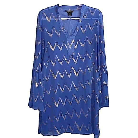 Chiffon Shift Dress Shirt Dress Large V Neck Long Bell Sleeve Blue Gold Rock 47 - Picture 1 of 7